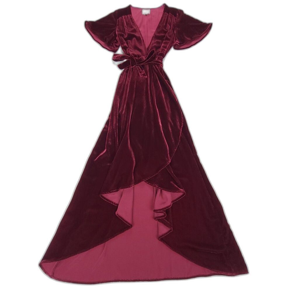 PRIVACY PLEASE Krause Crushed Velvet Maxi Wrap Dress Romantic Burgundy Small